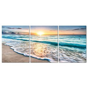 3 Piece Canvas Prints Wall Art Blue Beach Sunrise